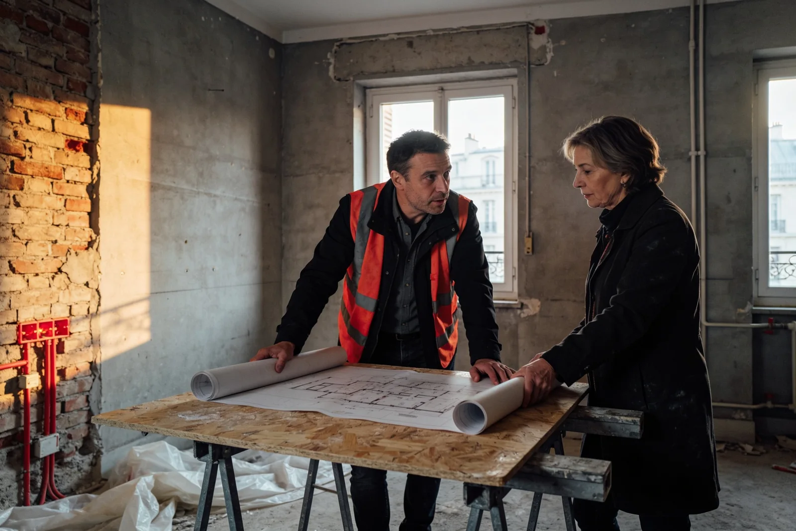 Le chef de chantier déroule le plan d'une rénovation avec une cliente, sur un établi dans l'appartement