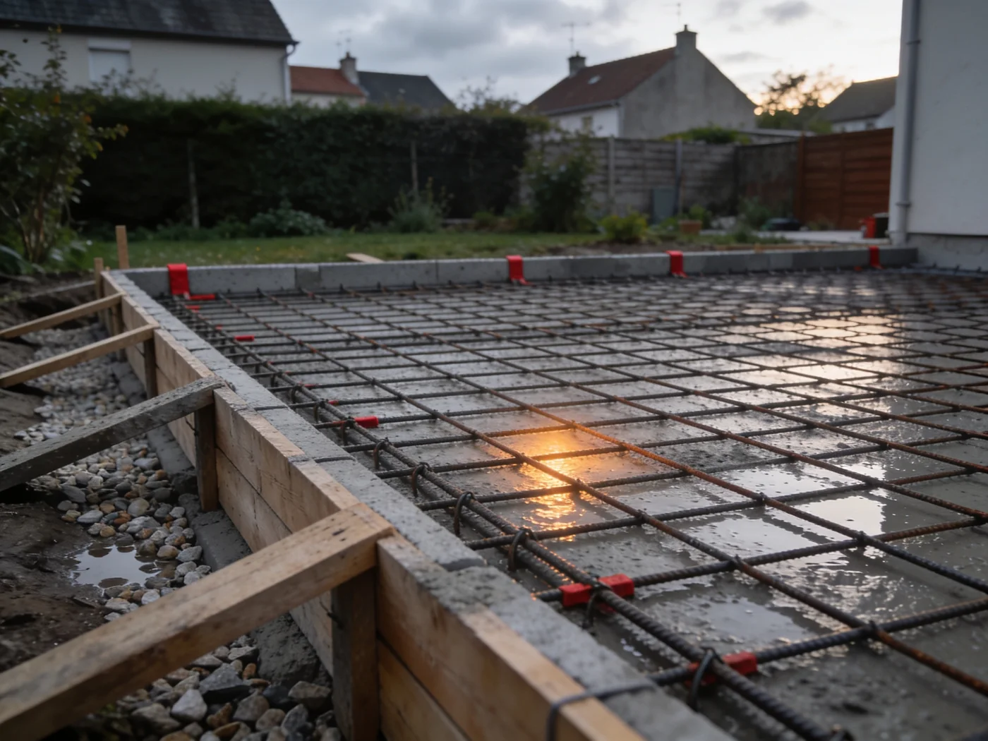 Coffrage et ferraillage d'une dalle d'extension avant le coulage du béton