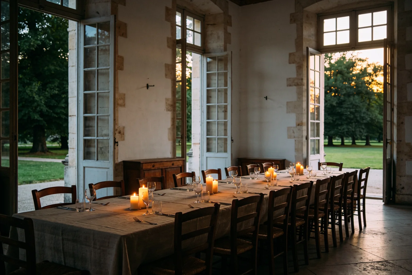 La salle de réception dressée pour un dîner, grandes fenêtres ouvertes sur le parc