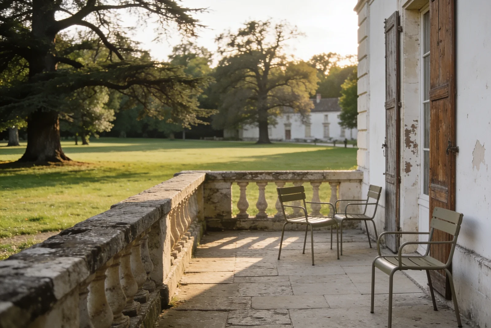 La terrasse en pierre et la grande pelouse du parc, longue lumière du soir