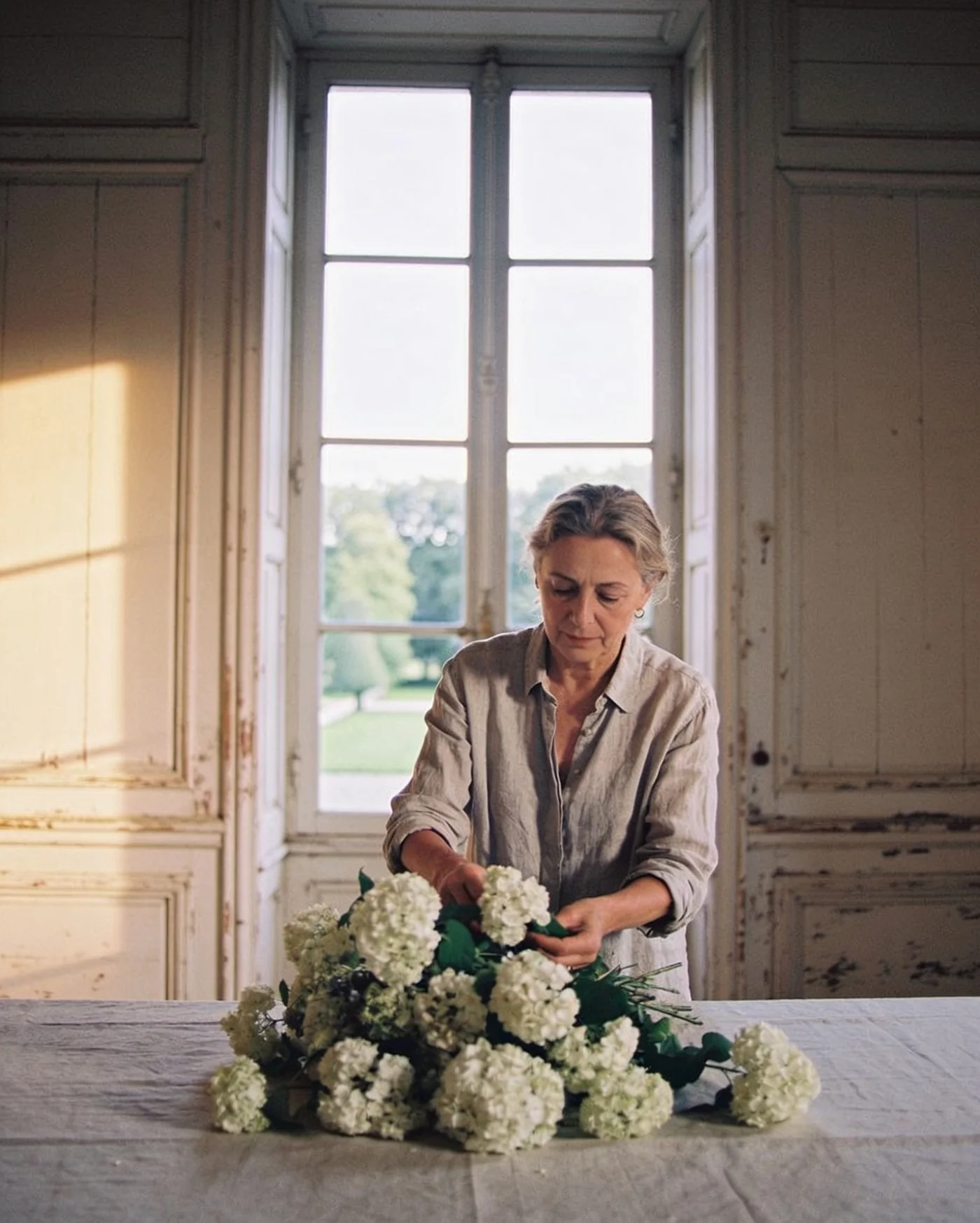 Charlotte, la maîtresse de maison, compose un bouquet dans le grand salon du manoir, la lumière du jour sur les boiseries