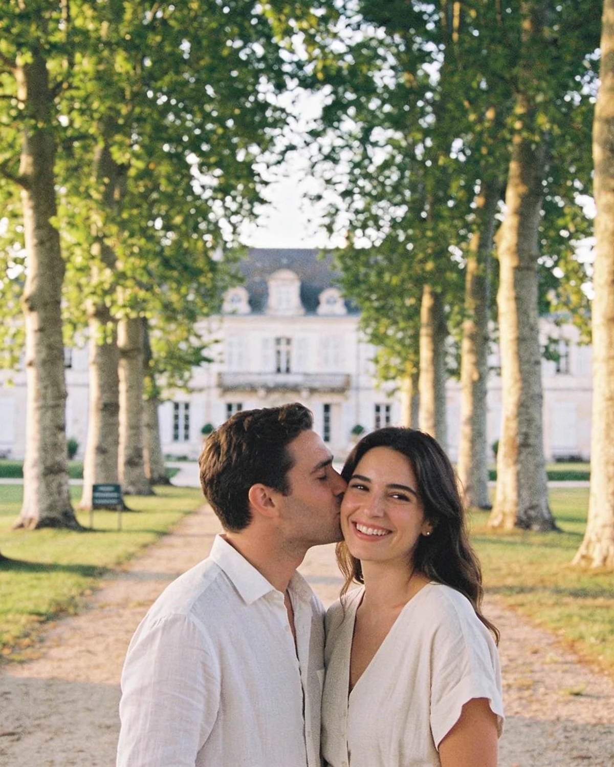 Un couple dans l’allée de tilleuls du manoir, lui lui parle à l’oreille, ils rient doucement, vus de trois quarts, lumière de fin de journée