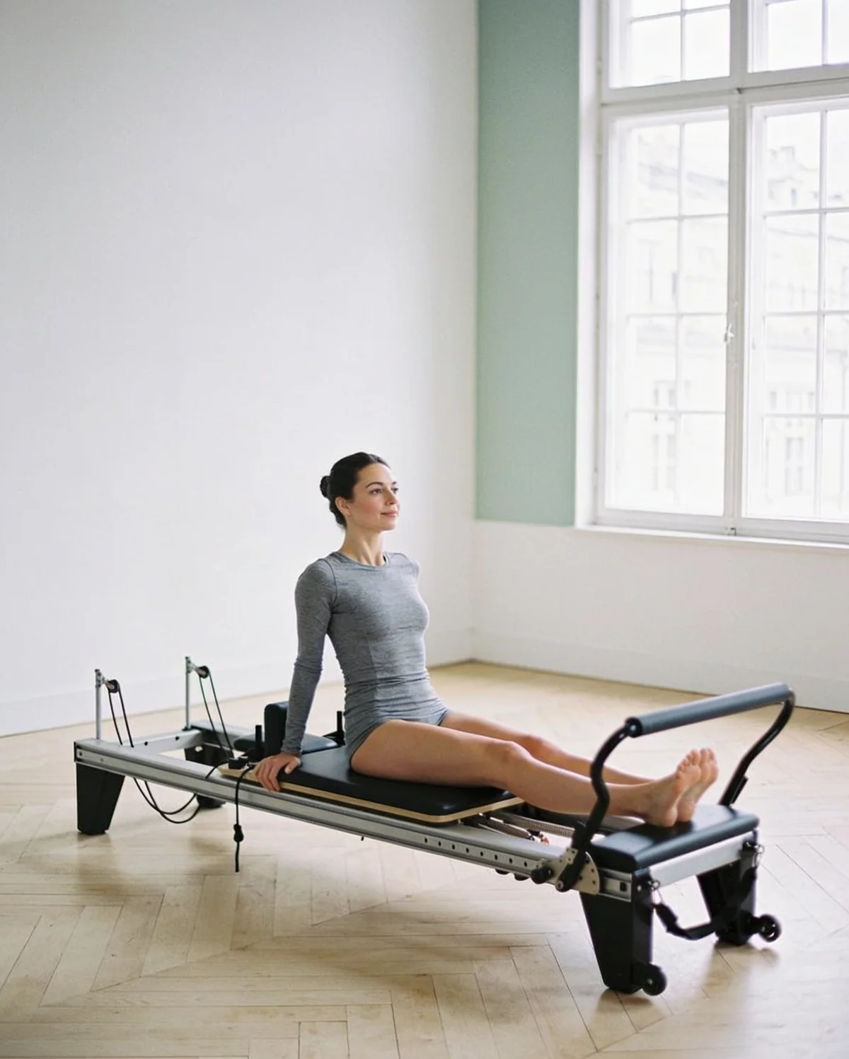 Une élève étire les jambes sur le Reformer, de profil