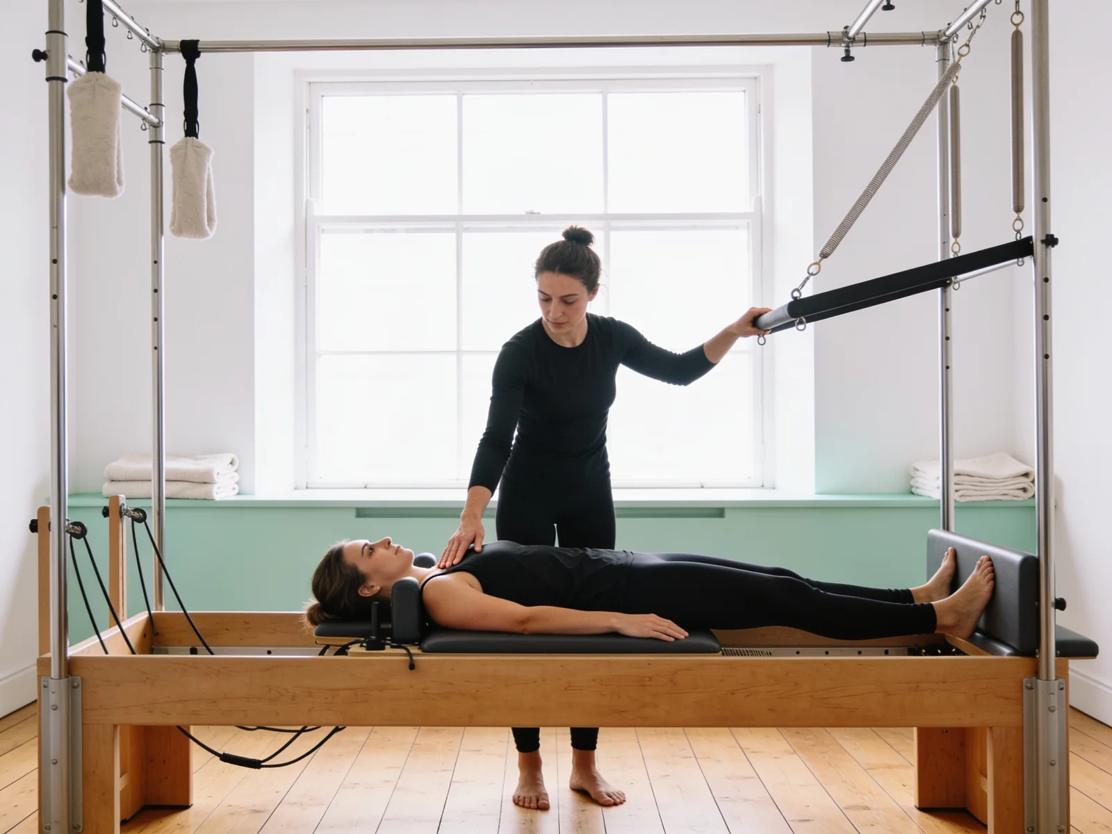 Une coach ajuste l'épaule d'une élève allongée sur un Reformer, dans le studio blanc