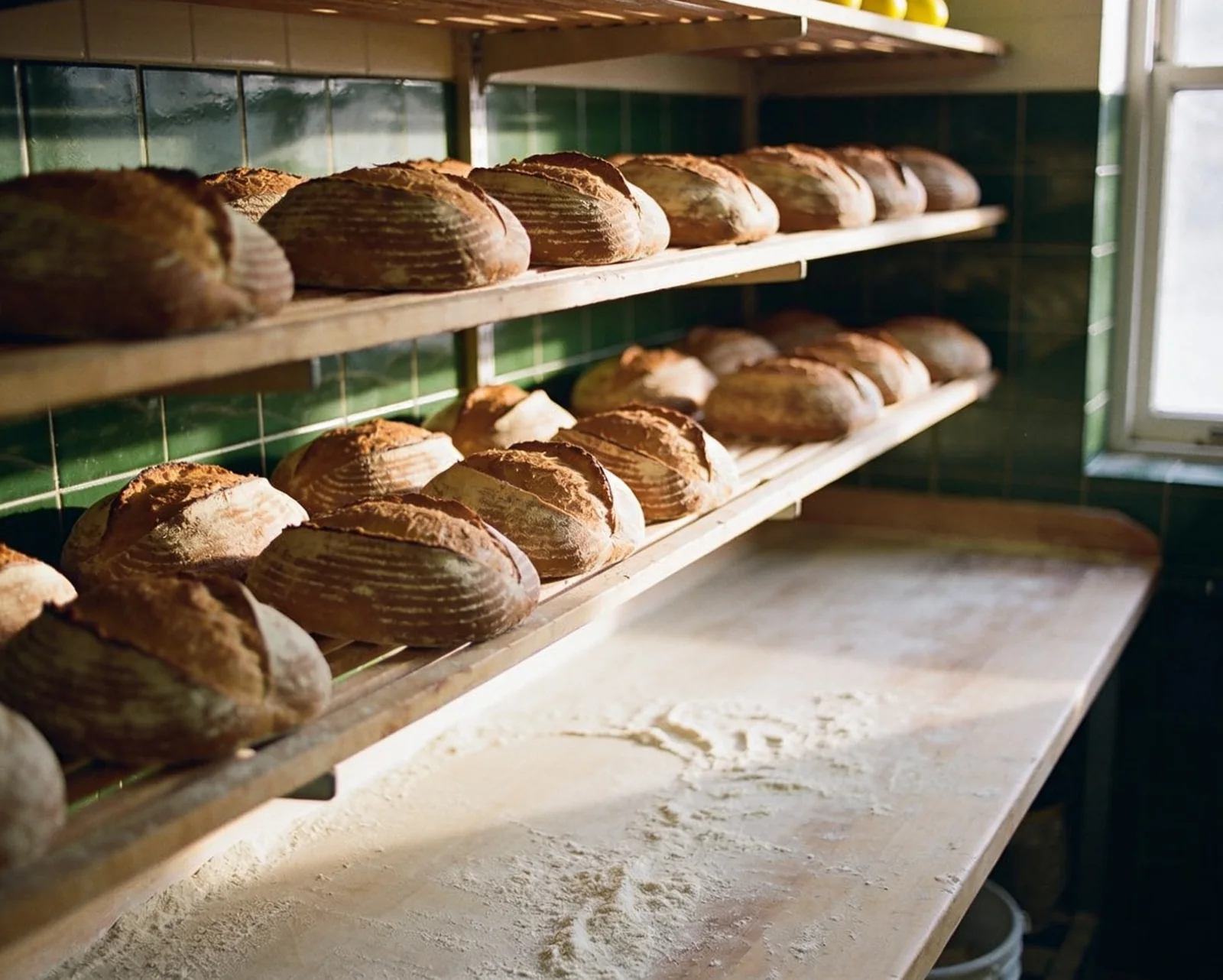 Le fournil de la boulangerie, étagères de pains au levain