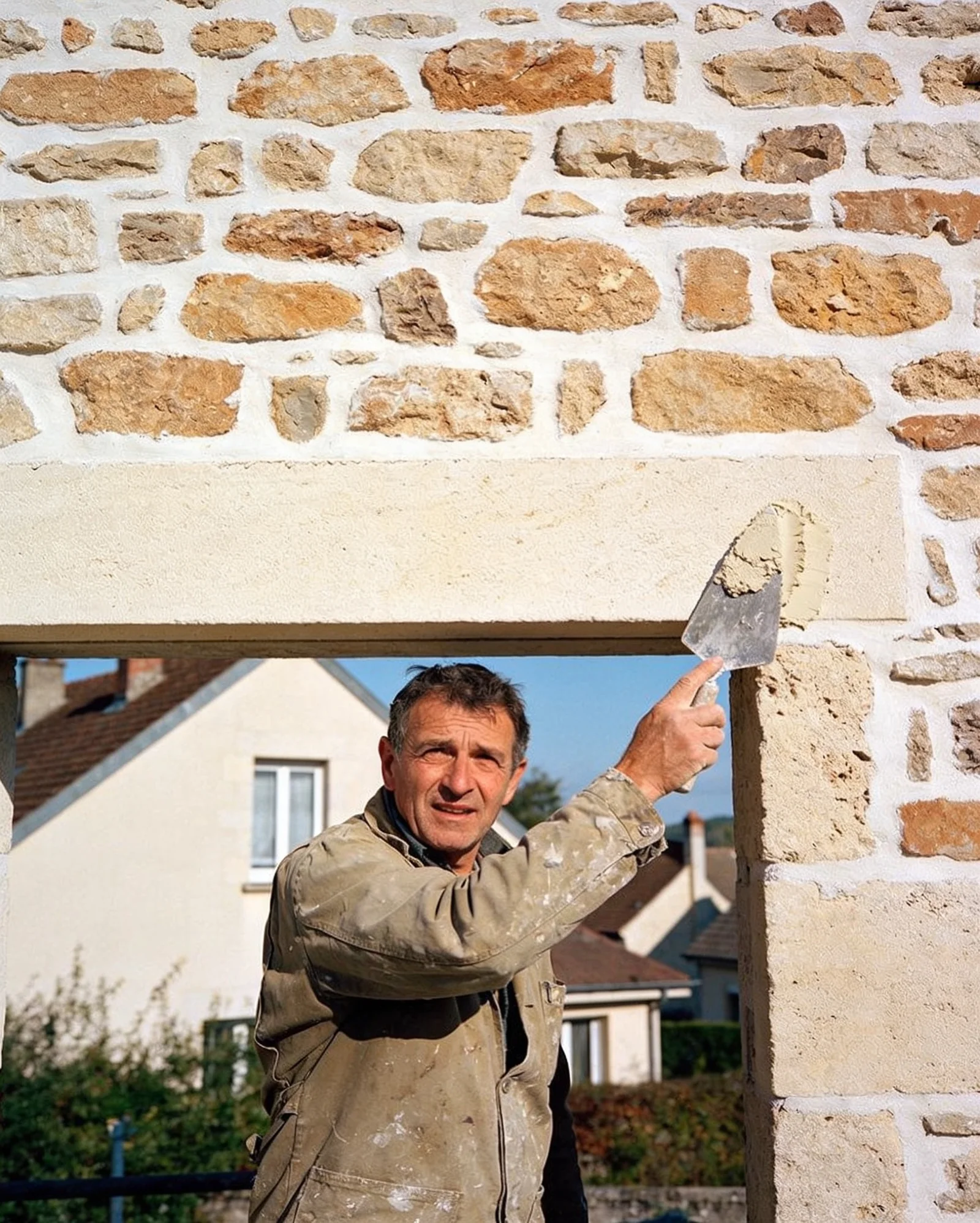Un maçon rejointoie à la chaux une façade en meulière, en plein soleil