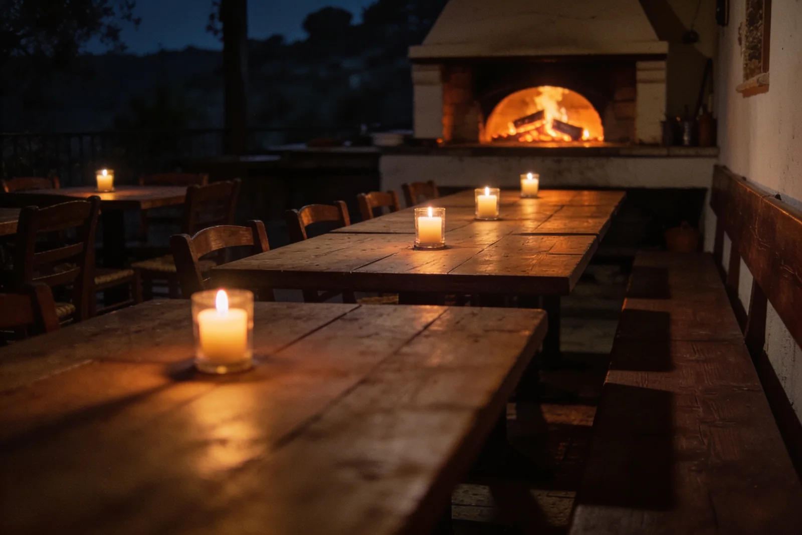 La salle d’Olivar le soir, grandes tables en chêne, bougies et lumière chaude du four