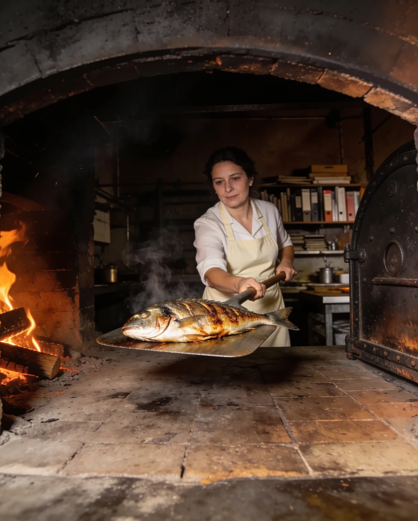 Nadia sort une dorade entière du four à bois, le visage éclairé par la braise, la cuisine d’Olivar dans la pénombre