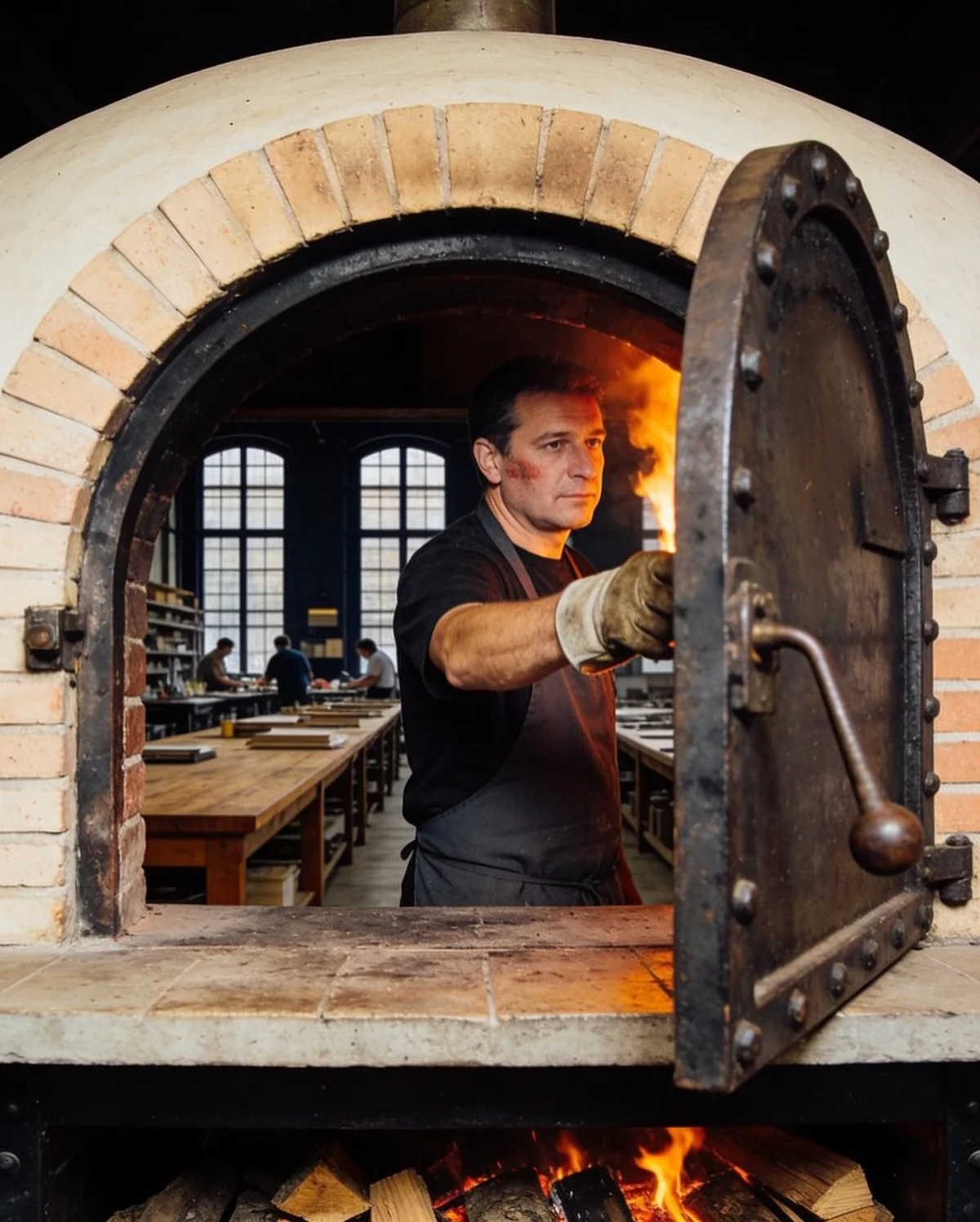 Karim ferme la porte de fonte du four à bois, derrière lui les grandes tables en chêne de l’ancienne imprimerie